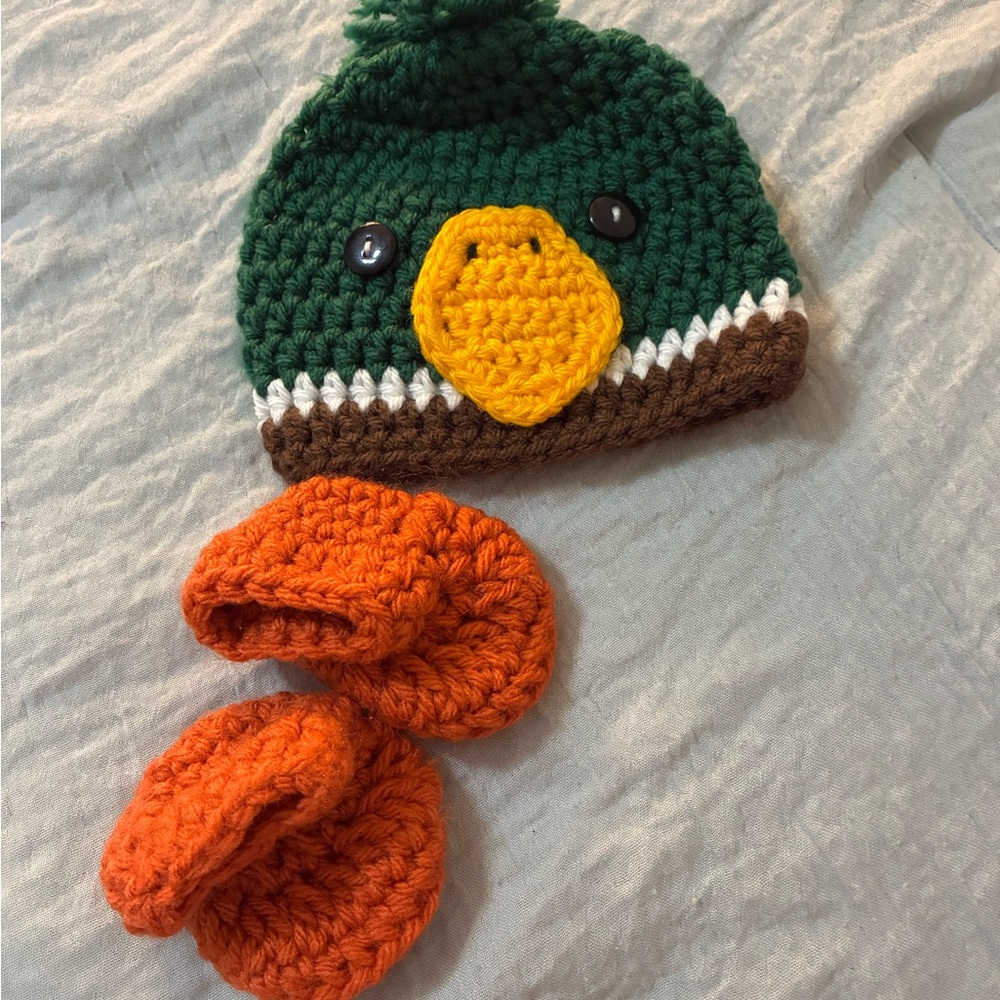 Handmade Green and Orange Duck Beanie and Booties Set